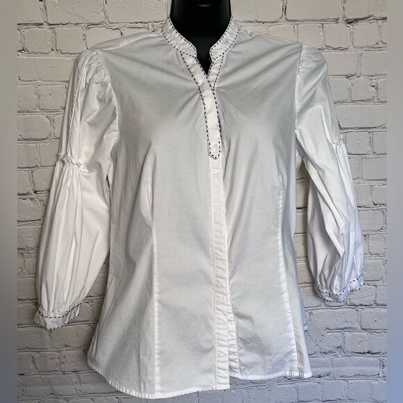 Harve Benard White Blouse with black stitching, ruffled arms SZ L - Picture 1 of 6